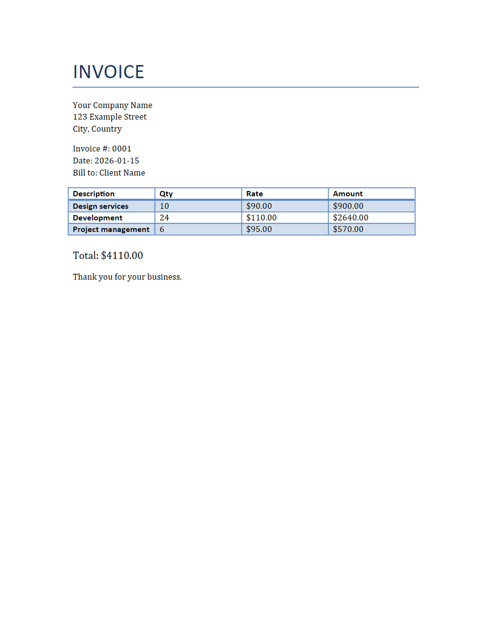 Rendered preview of Invoice Template (DOCX)