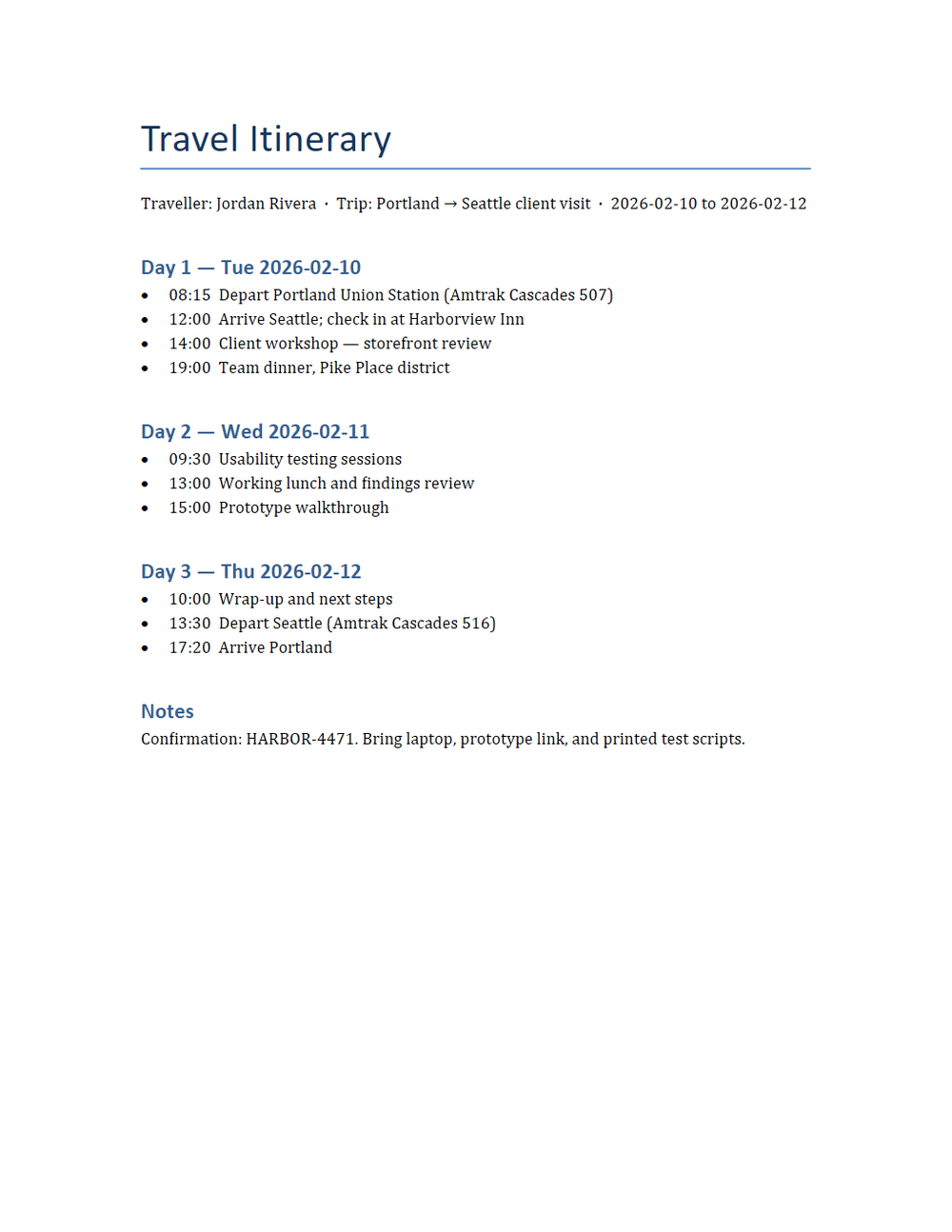 Rendered preview of Travel Itinerary Template (DOCX)