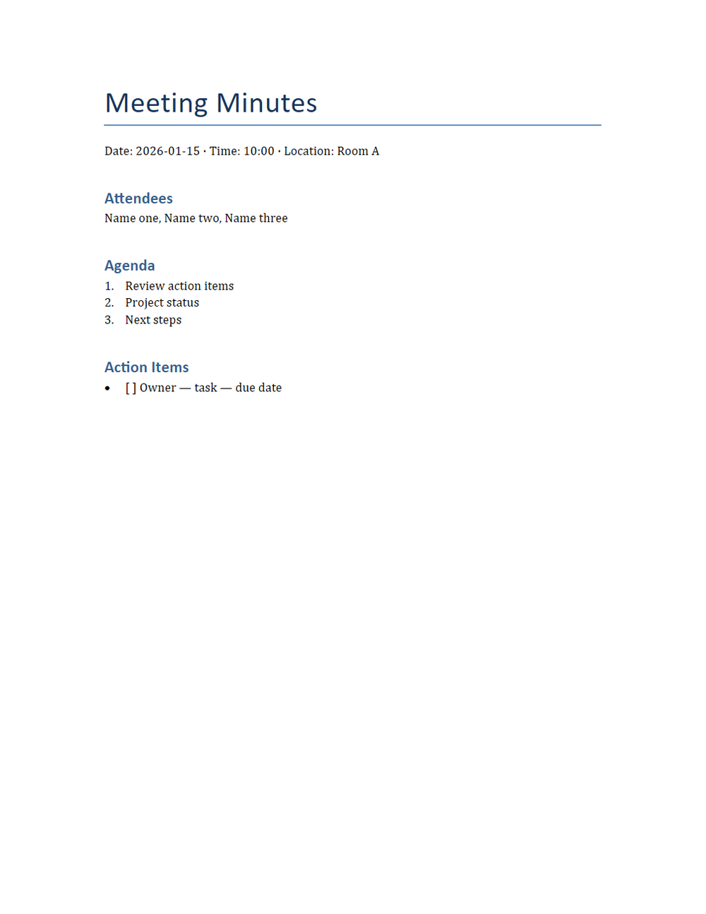 Rendered preview of Meeting Minutes Template (DOCX)