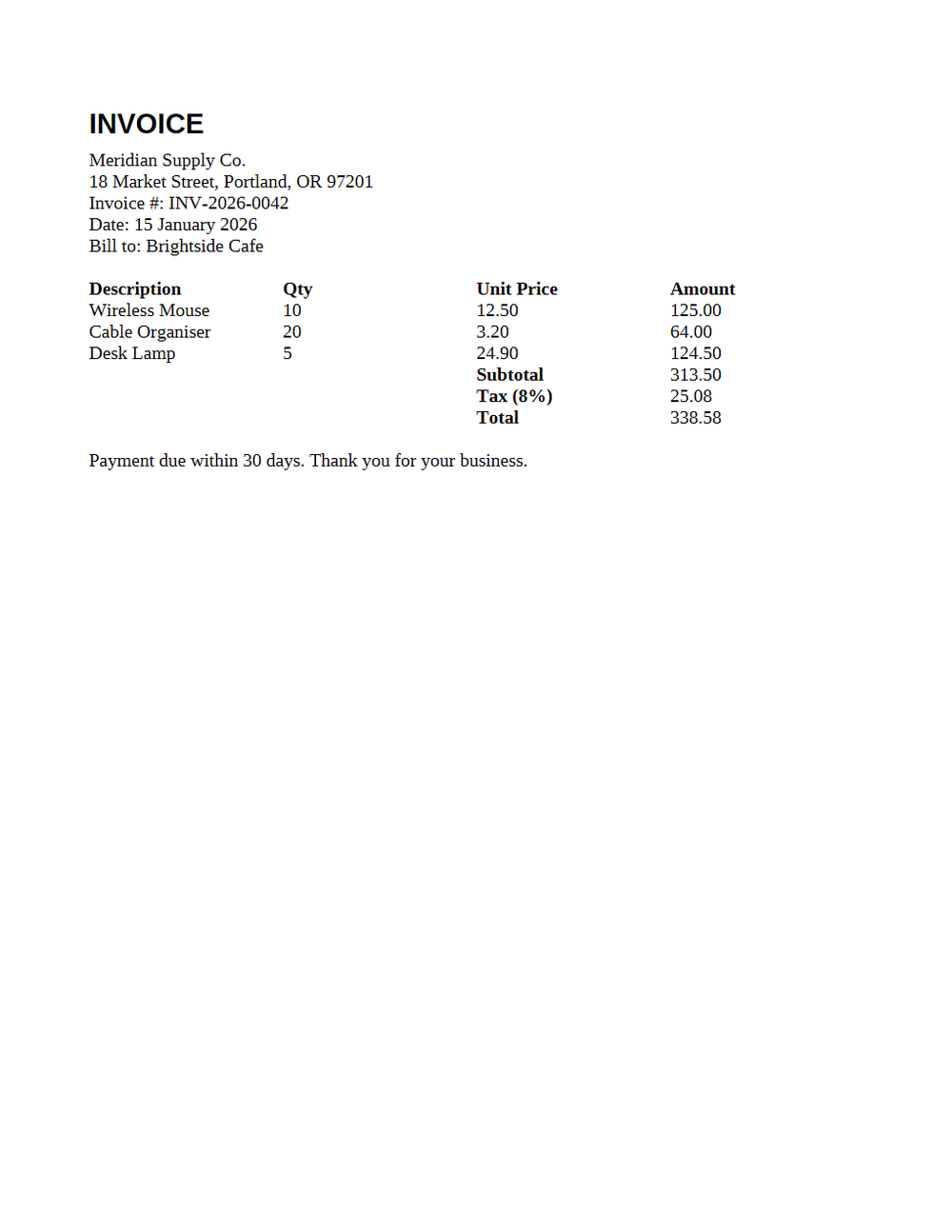 Rendered preview of Invoice Template (ODT)