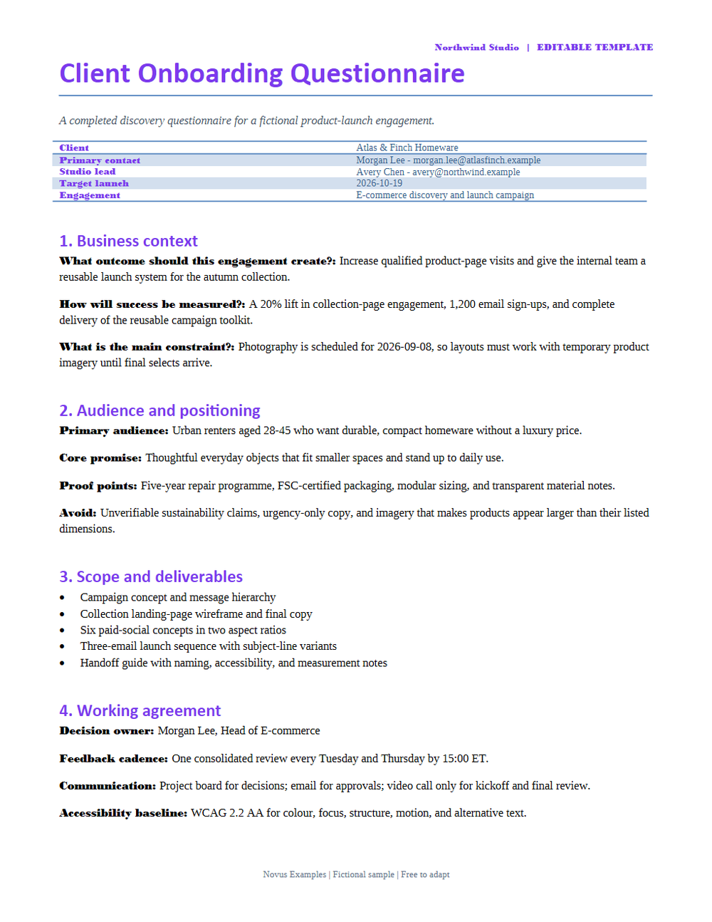 Rendered preview of Client Onboarding Questionnaire (DOCX)
