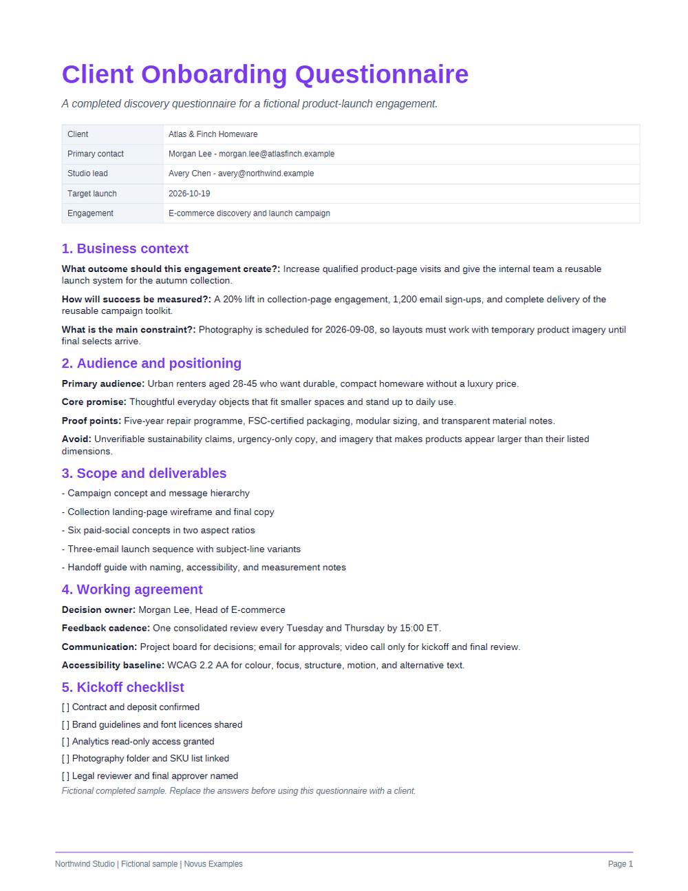 Rendered preview of Client Onboarding Questionnaire (PDF)