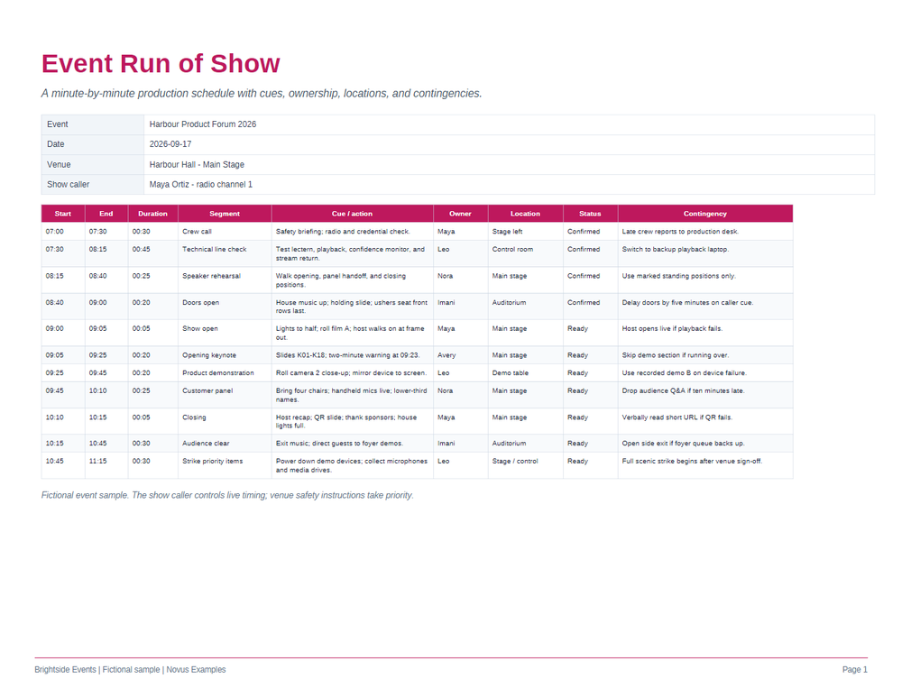 Rendered preview of Event Run of Show (PDF)