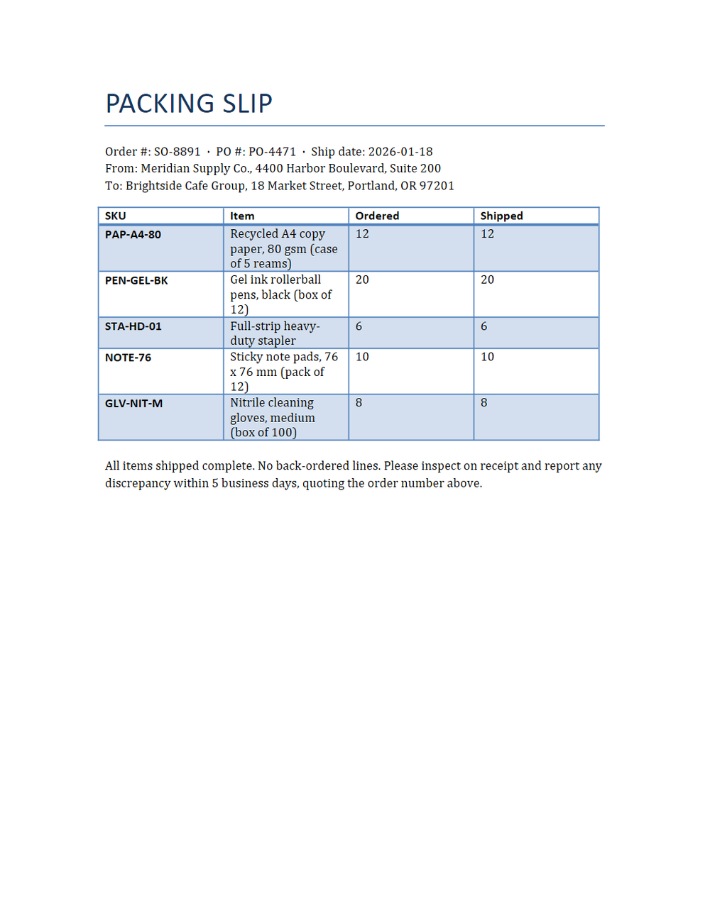 Rendered preview of Packing Slip Template (DOCX)