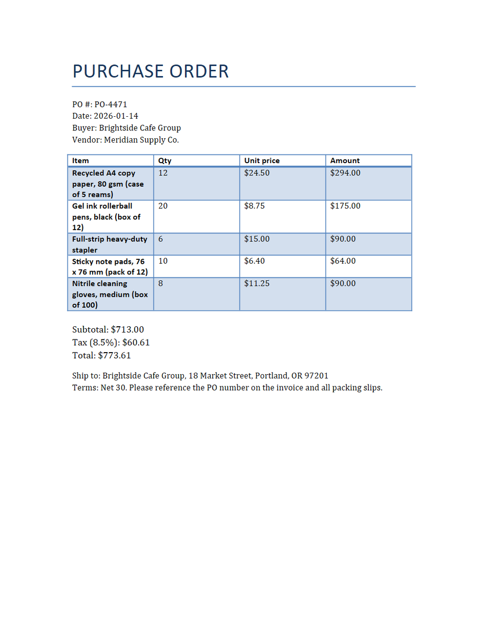 Rendered preview of Purchase Order Template (DOCX)