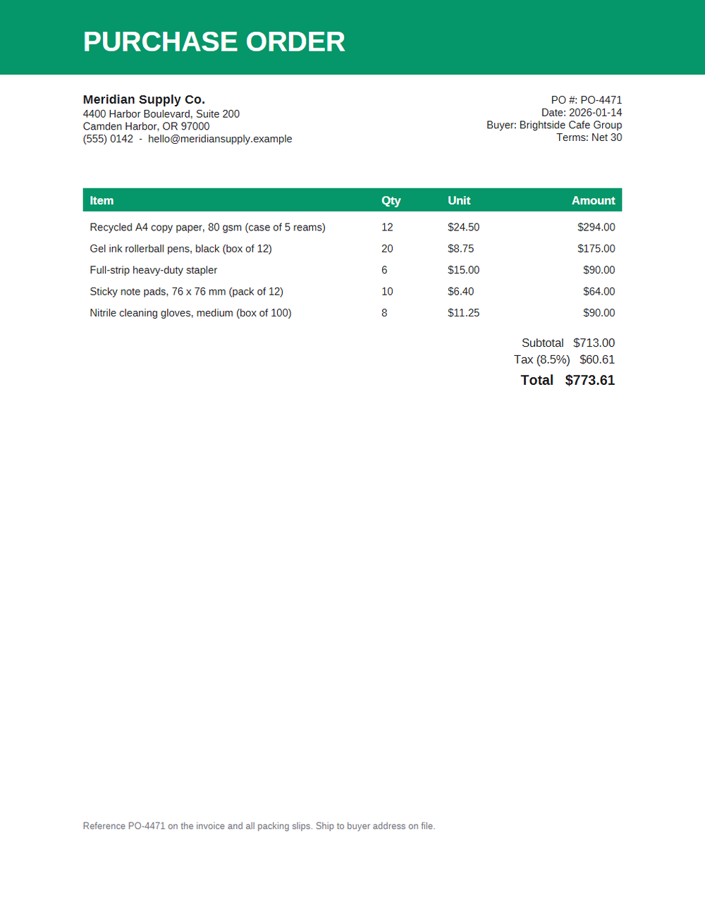 Rendered preview of Purchase Order Template (PDF)