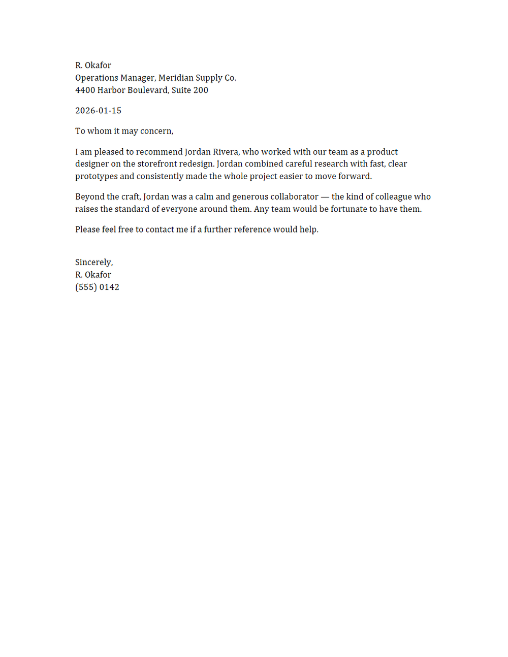 Rendered preview of Reference Letter Template (DOCX)