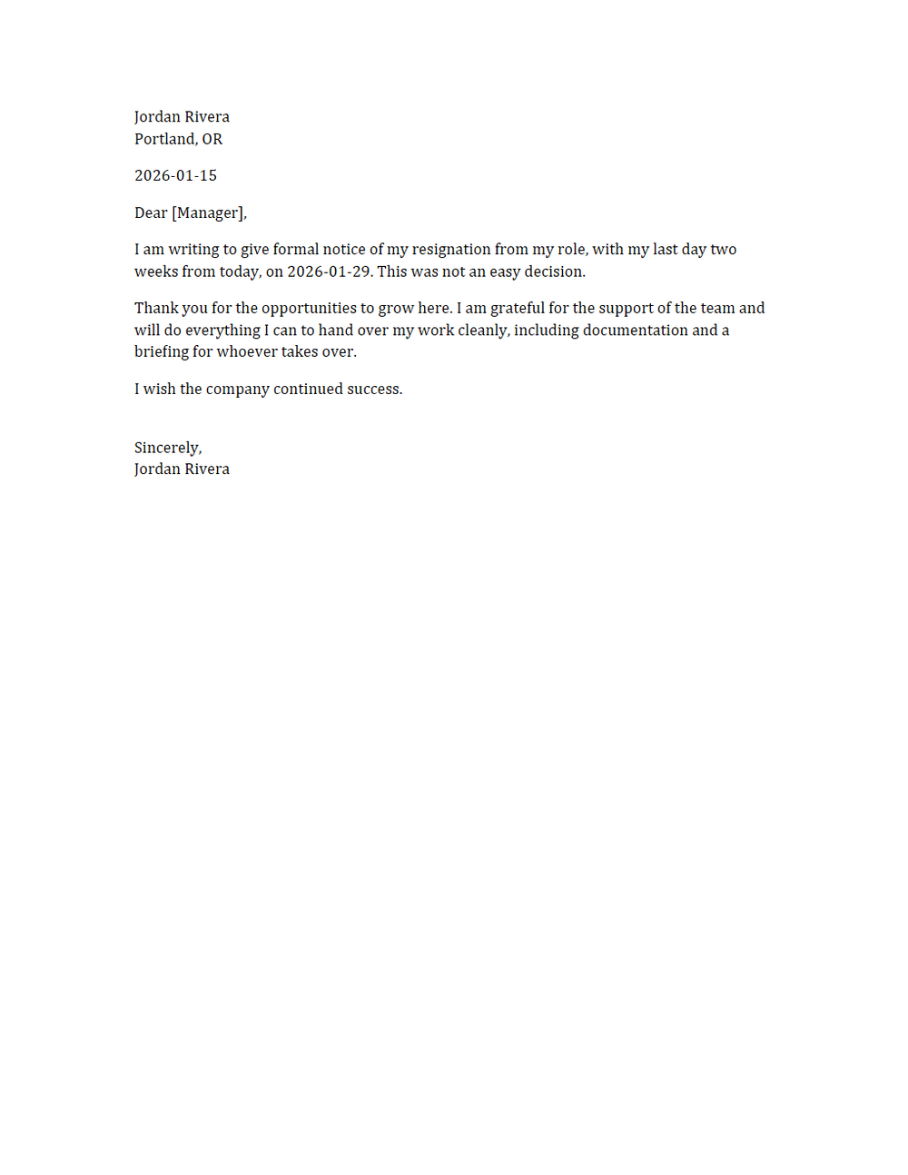 Rendered preview of Resignation Letter Template (DOCX)
