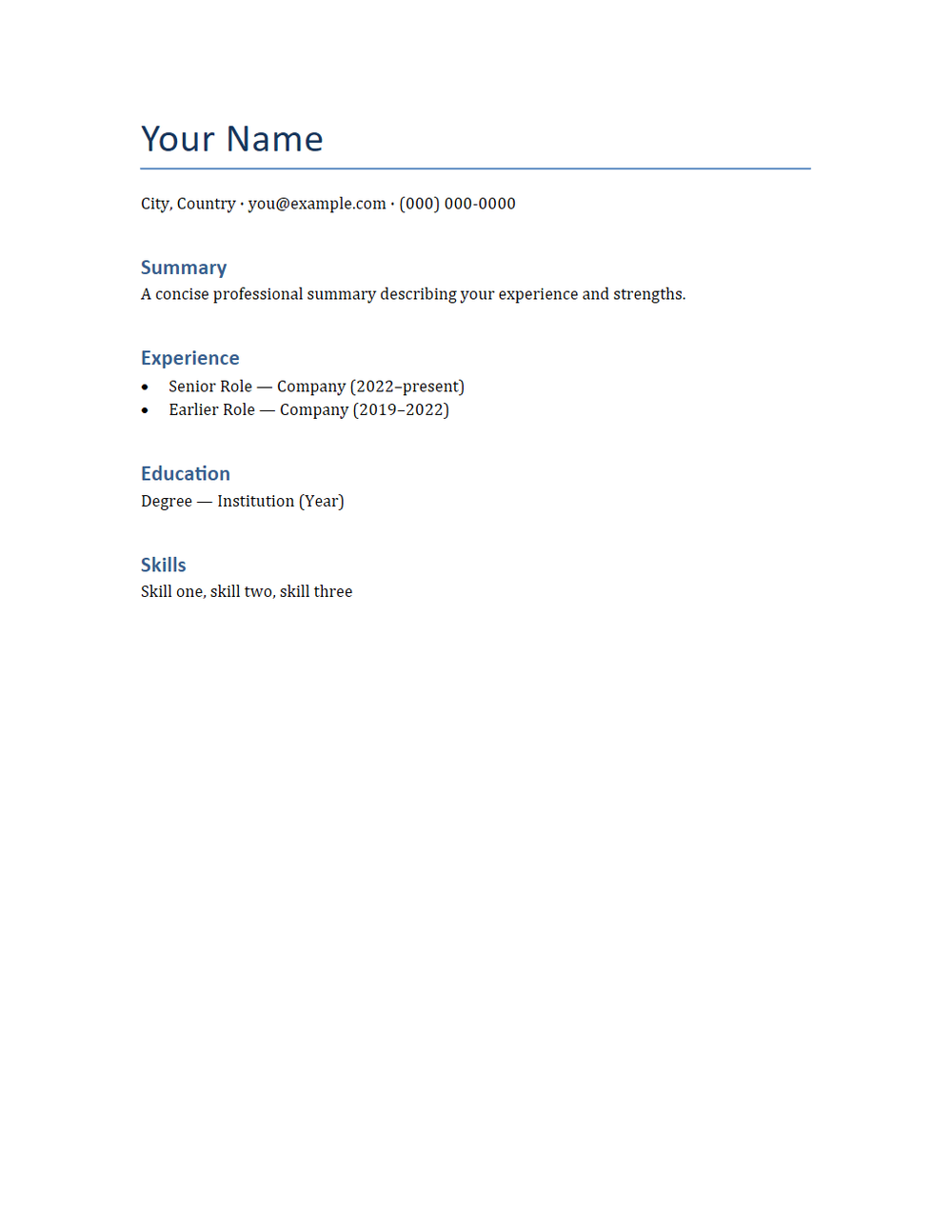 Rendered preview of Resume Template (DOCX)