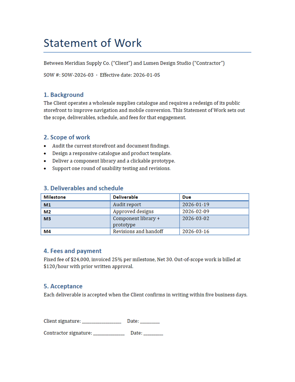 Rendered preview of Statement of Work Template (DOCX)