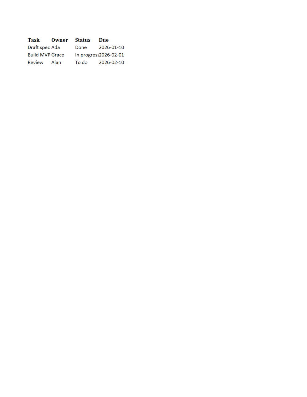 Rendered preview of Project Task List Template (XLSX)