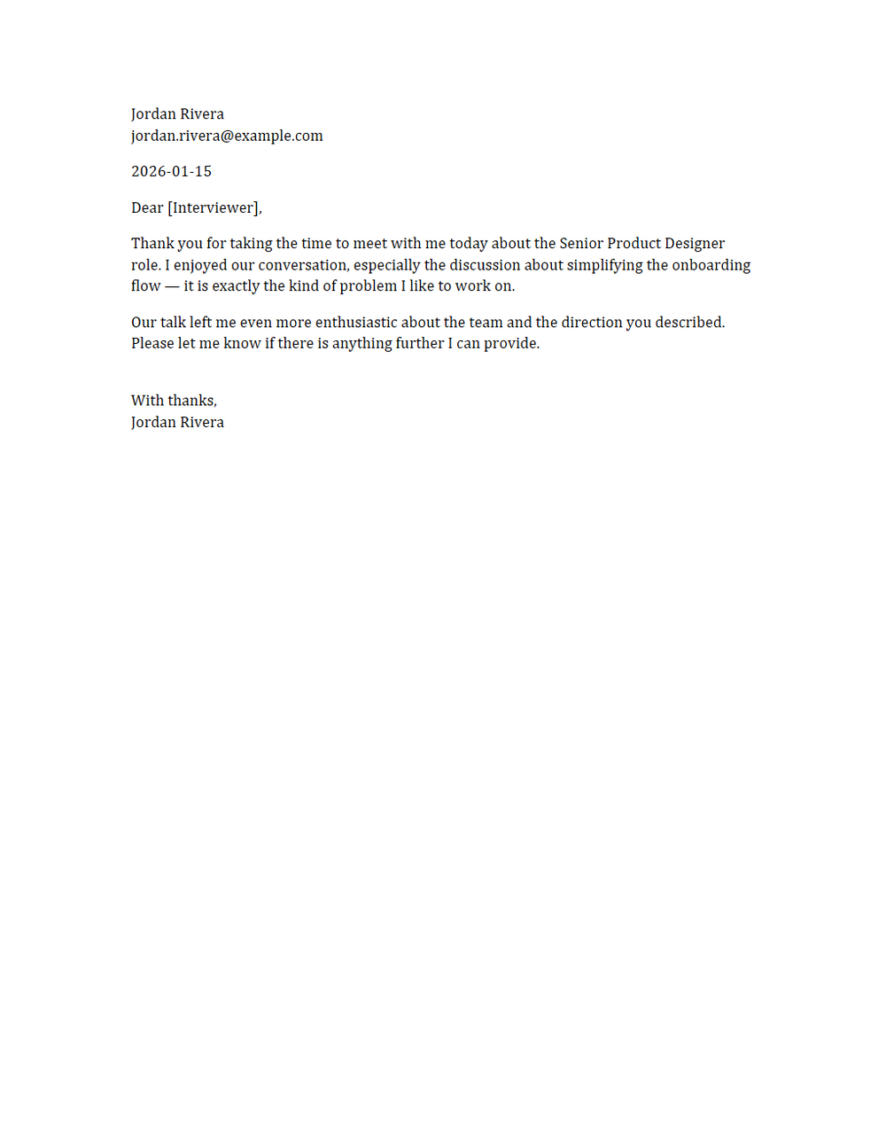 Rendered preview of Interview Thank-You Letter Template (DOCX)