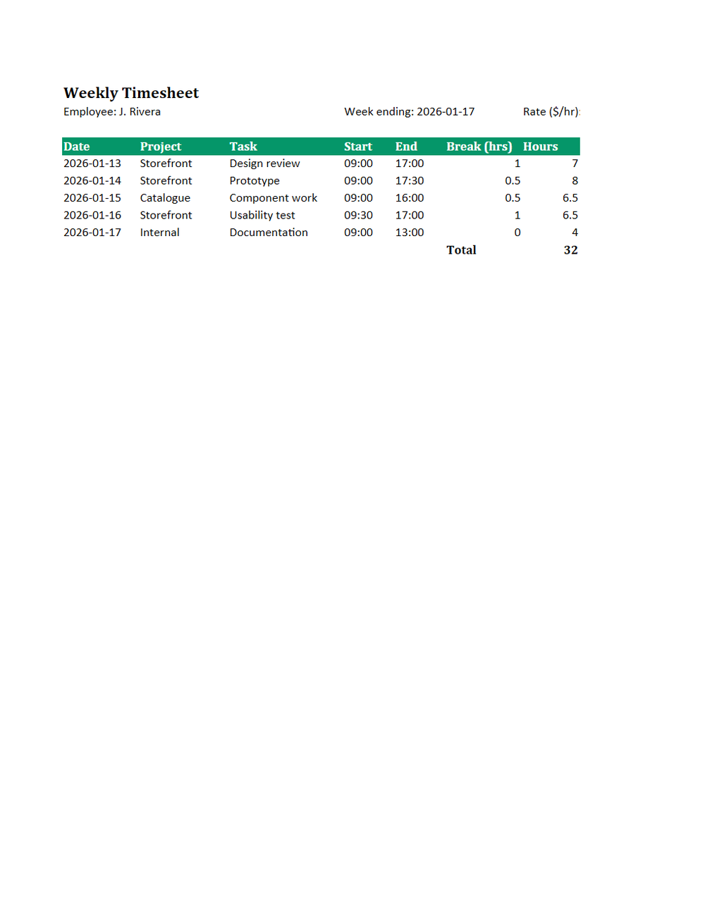 Rendered preview of Weekly Timesheet Template (XLSX)