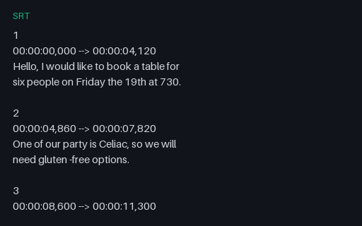 Preview of Reservation voicemail: timed captions