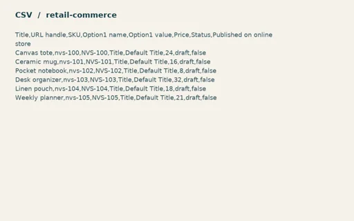 Preview of Fieldnote Supply Shop: Shopify profile CSV