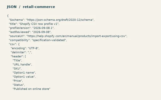 Preview of Fieldnote Supply Shop: Shopify profile schema