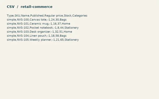 Preview of Fieldnote Supply Shop: Woocommerce profile CSV