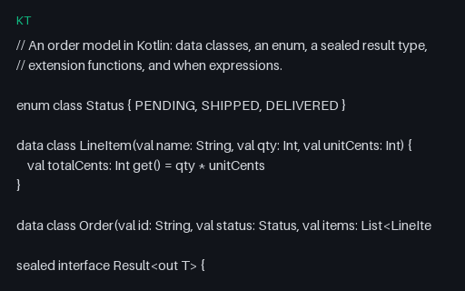 Preview of Kotlin: Order model (data classes, sealed types, when)