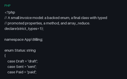 Preview of PHP: Invoice (enum, class, promoted properties)
