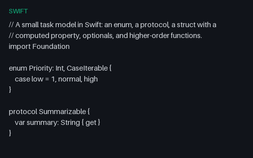 Preview of Swift: Task list (struct, protocol, optionals)