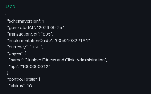 Preview of Juniper Fitness and Clinic Administration: X12 835 remittance rendered as JSON