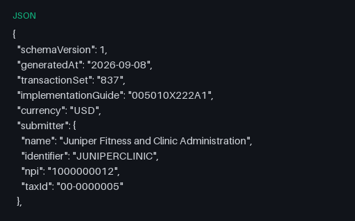 Preview of Juniper Fitness and Clinic Administration: X12 837 batch rendered as JSON