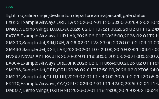 Preview of Flight Schedule (CSV, 30 rows)