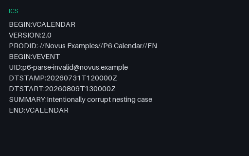 Preview of Calendar Parsing - Intentionally Corrupt Missing END:VEVENT (ICS)