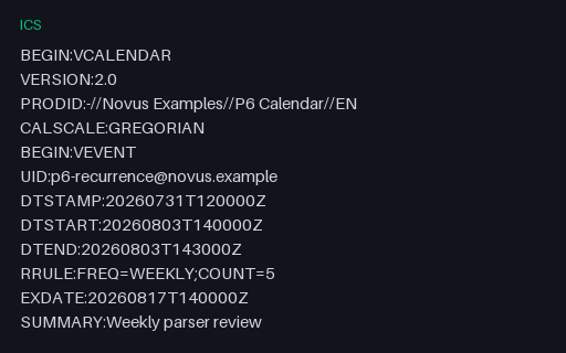 Preview of Calendar Recurrence - Weekly Series with EXDATE (ICS)