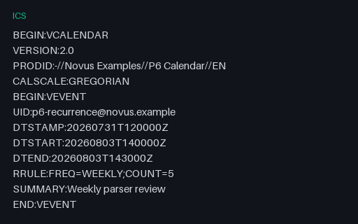 Preview of Calendar Recurrence - Five Weekly Occurrences (ICS)