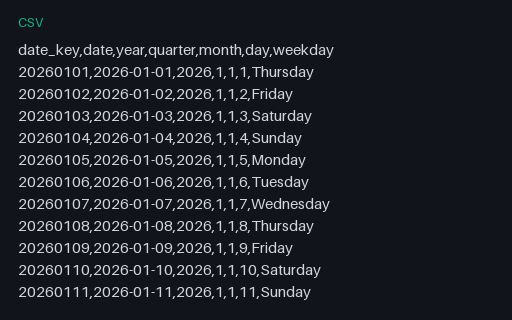 Preview of Star Schema: Date Dimension (CSV)