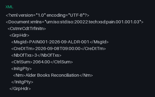 Preview of Alder Books Reconciliation: ISO 20022 pain.001 payment initiation