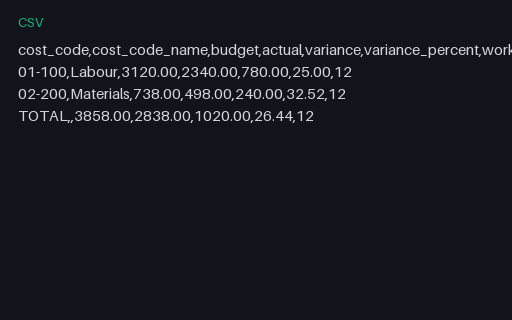 Preview of Pine Property Services: Cost code budget against actual