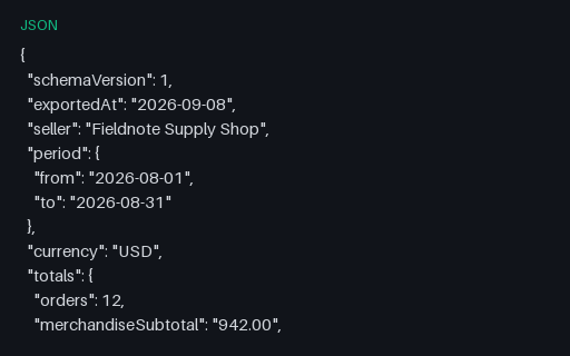 Preview of Fieldnote Supply Shop: Order export JSON