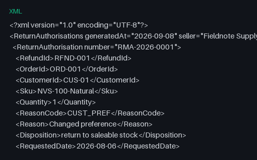 Preview of Fieldnote Supply Shop: Returns and RMA register XML