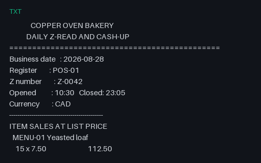 Preview of Copper Oven Bakery: Daily Z-read and cash-up