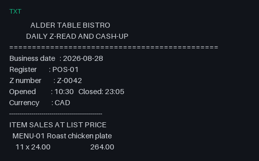 Preview of Alder Table Bistro: Daily Z-read and cash-up