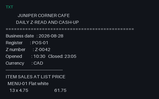 Preview of Juniper Corner Cafe: Daily Z-read and cash-up