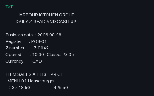 Preview of Harbour Kitchen Group: Daily Z-read and cash-up