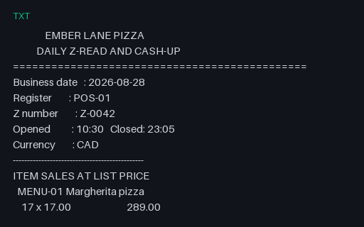 Preview of Ember Lane Pizza: Daily Z-read and cash-up