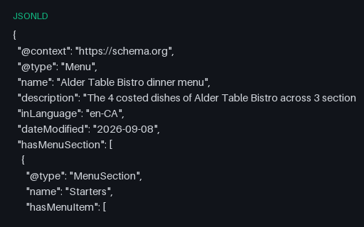 Preview of Alder Table Bistro: Menu as schema.org JSON-LD