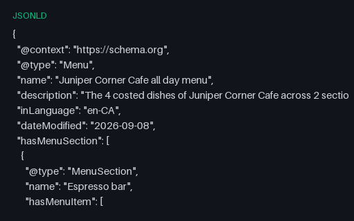Preview of Juniper Corner Cafe: Menu as schema.org JSON-LD