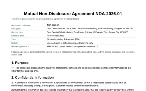 Preview of Tern Client Services: Mutual non-disclosure agreement (PDF)