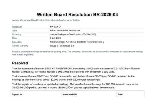 Preview of Juniper Workspace Cloud: Written board resolution approving a share transfer