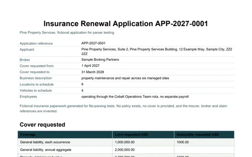 Preview of Pine Property Services: Insurance renewal application (PDF)