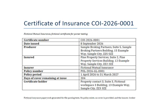 Preview of Pine Property Services: Certificate of insurance (DOCX)