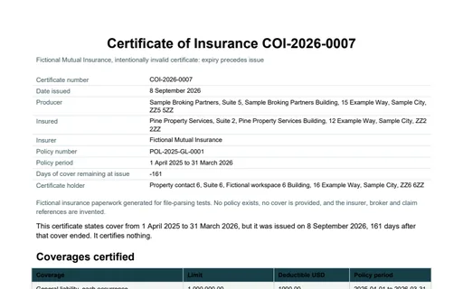 Preview of Pine Property Services: Certificate of insurance whose expiry precedes its issue date