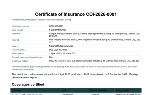 Preview of Pine Property Services: Certificate of insurance (PDF)