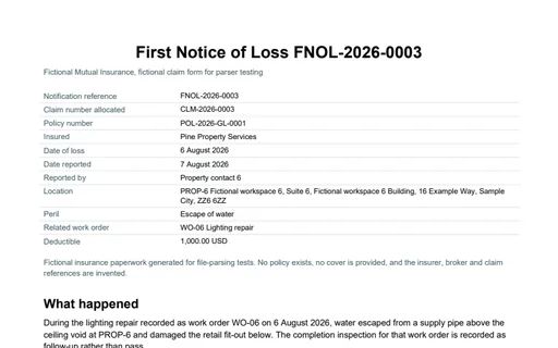 Preview of Pine Property Services: First notice of loss claim form (PDF)