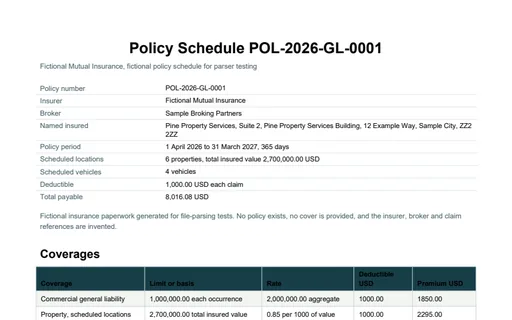 Preview of Pine Property Services: Policy schedule with endorsements (PDF)